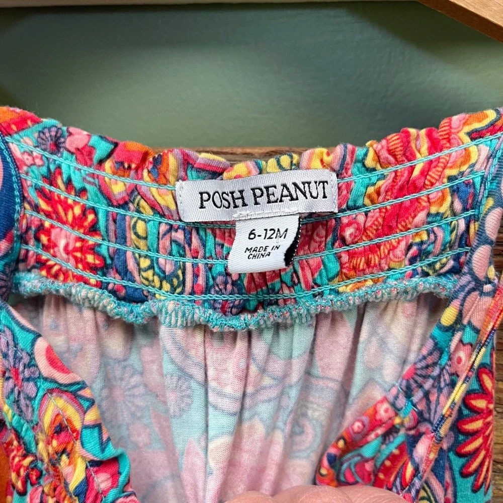 Posh Peanut Kids Paisley Floral Smocked Sleeveless‎ Romper Multi-Color 6-12M